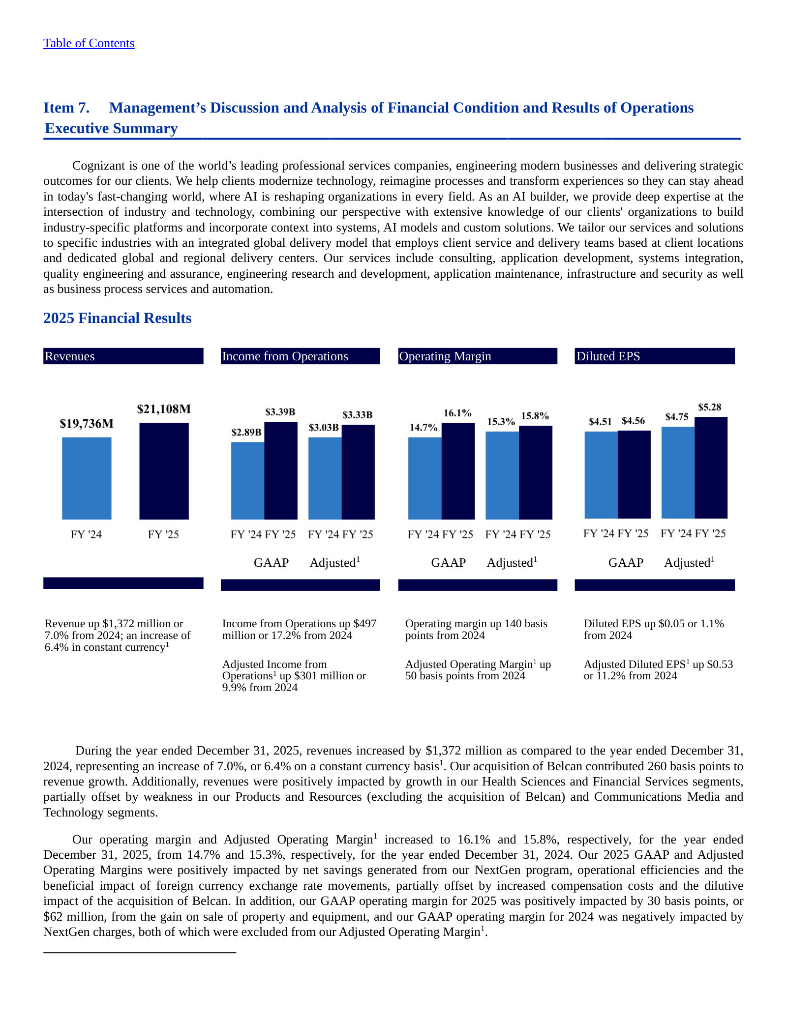 2025 results dashboard: revenue, income from operations, operating margin and diluted EPS (GAAP vs adjusted).